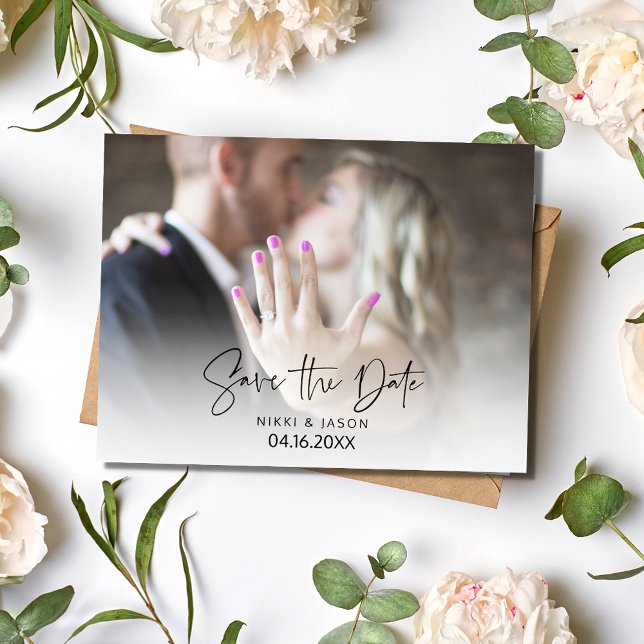 Modern Photo Script Budget Wedding Save the Date Announcement Postcard (Modern Photo Script Budget Wedding Save the Date)
