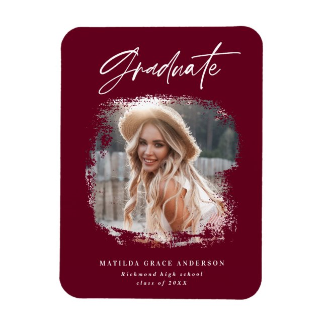 Modern photo script burgundy graduation magnet (Vertical)