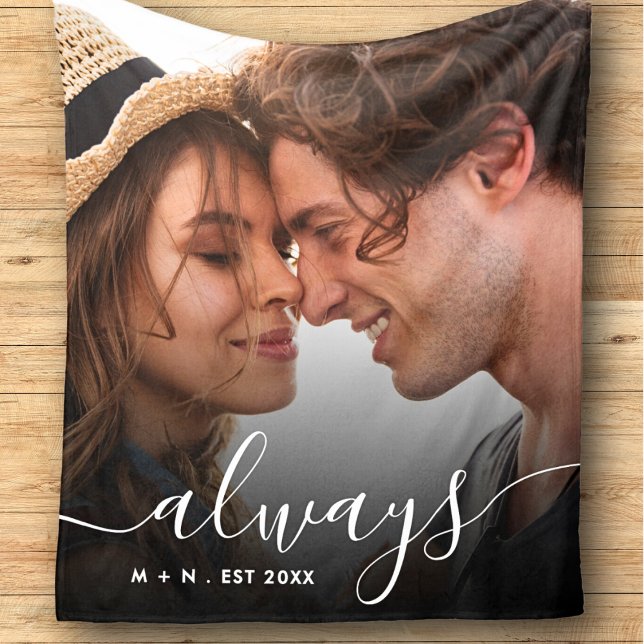 Modern Photo Script Couple Love Always Family Fleece Blanket (Creator Uploaded)