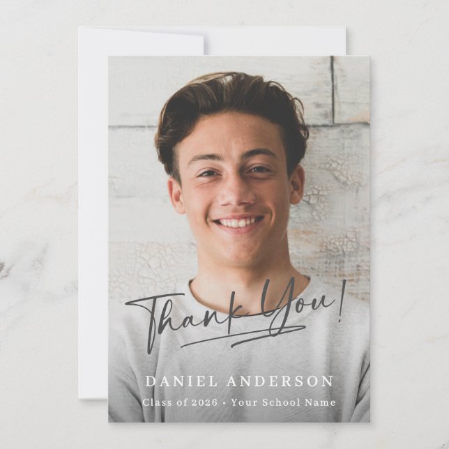Modern Photo Script Graduation Thank You Card (Front)