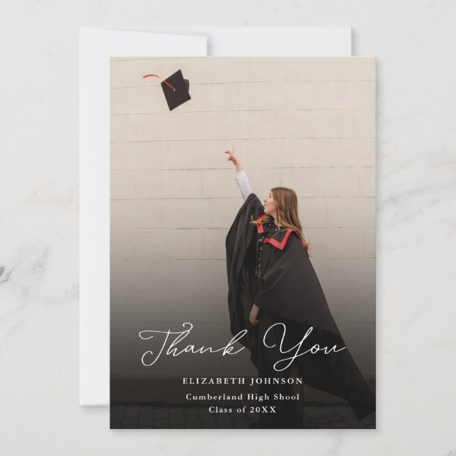 Modern Photo Script Graduation  Thank You Card (Front)