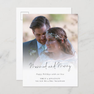 Modern Photo Script Married and Merry Holiday Postcard
