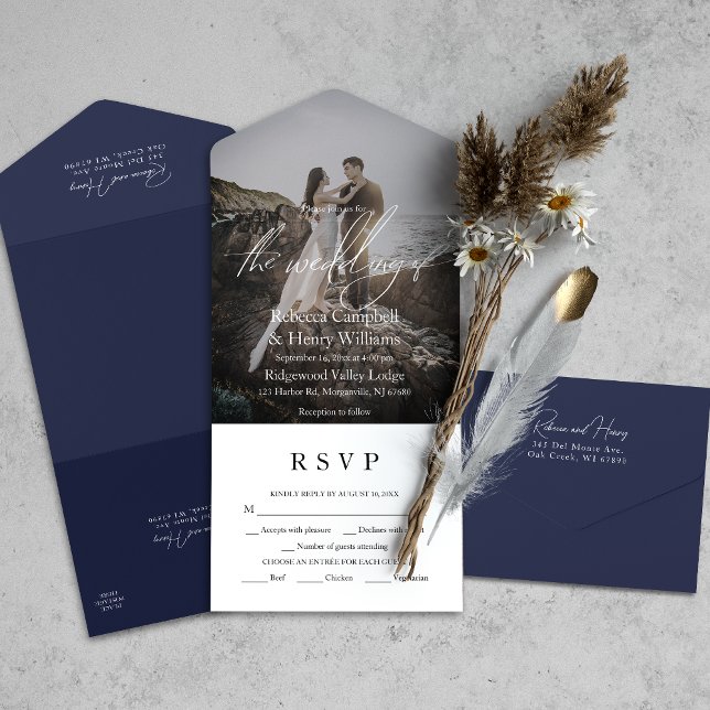 Modern Photo Script RSVP Entree Navy Blue Wedding All In One Invitation (Simplify your wedding with our all-in-one invitation – convenience and beauty in a single card.)