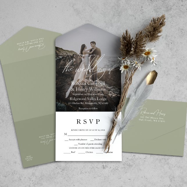 Modern Photo Script RSVP Entree Sage Green Wedding All In One Invitation (Simplify your wedding with our all-in-one invitation – convenience and beauty in a single card.)