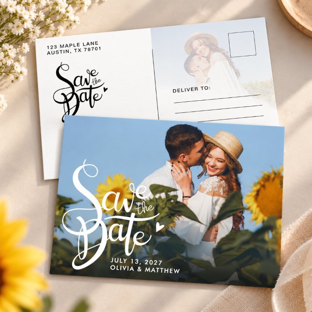 Modern Photo Script Wedding Save the Date Postcard (save the date postcard script calligraphy engaged couple photo modern elegant engagement overlay)