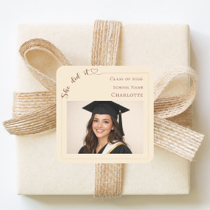 Modern photo She Did It champagne Graduation Party Square Sticker
