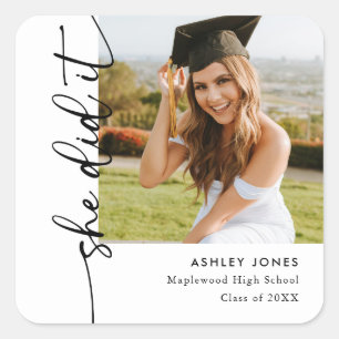 Modern Photo She Did It Graduation Party Square Sticker