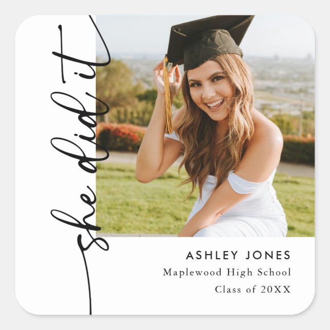 Modern Photo She Did It Graduation Party Square Sticker (Front)