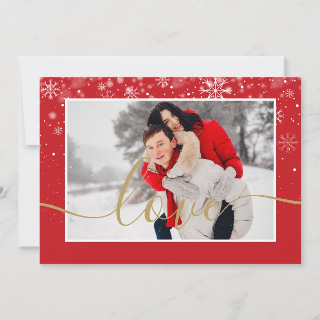 Modern photo Snowflakes with Gold Love Script  Holiday Card (Front)