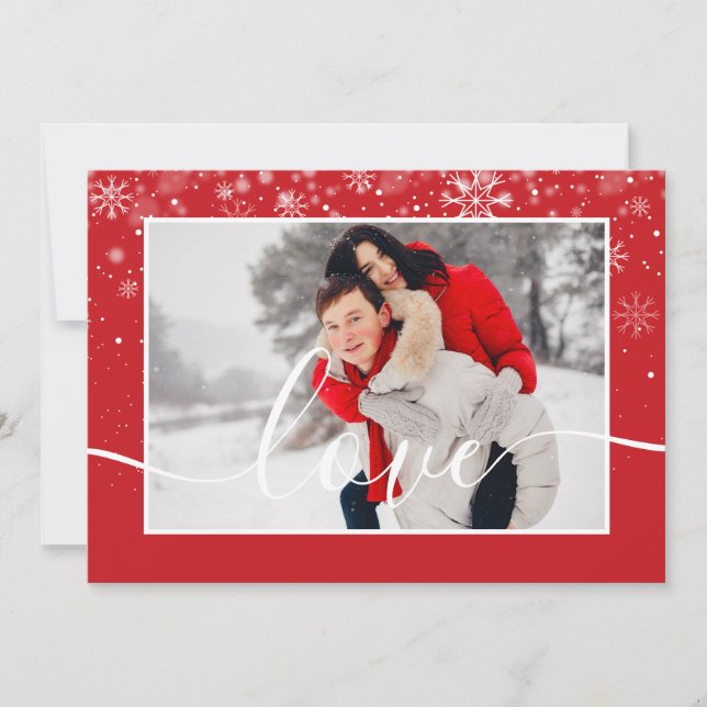 Modern photo Snowflakes with Love Script Holiday Card (Front)