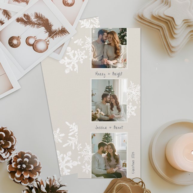 Modern Photo Strip Christmas Card with Handwritten (Custom 3-photo Christmas card with handwritten messages, perfect for couples, pets, or families.)