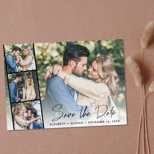Modern Photo Strip Collage Save The Date (Celebrate your love story with a save the date showcasing your photo in a photo strip frame)
