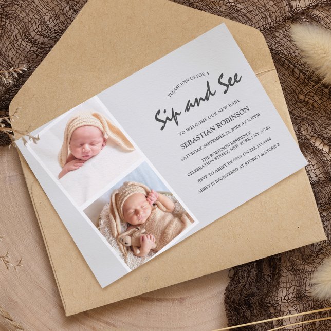 Modern Photo Strip Collage | Sip & see | New Baby  Invitation (Creator Uploaded)