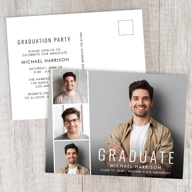 Modern Photo Strip Graduation Party Invitation Postcard (Modern Photo Graduation Party Invitation Postcard)