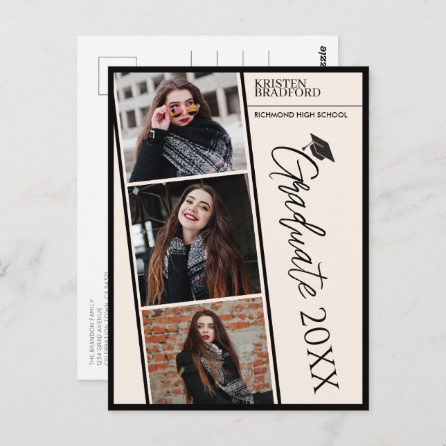 Modern Photo Strips Beige Graduation Announcement Postcard (Front/Back)