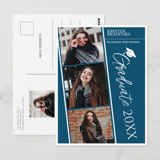 Modern Photo Strips Blue Graduation Announcement Postcard (Front/Back)