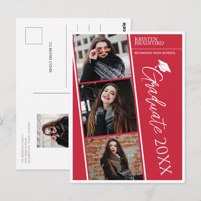 Modern Photo Strips Red Graduation Announcement Postcard (Front/Back)