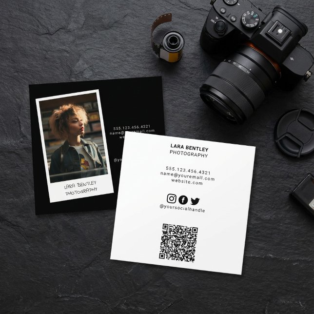 Modern photo stylist social media with QR code Square Business Card (Modern photo stylist social media with QR code Square Business Card.)