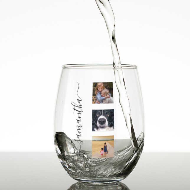 Modern Photo Template Handwritten name Script Stemless Wine Glass (Creator Uploaded)