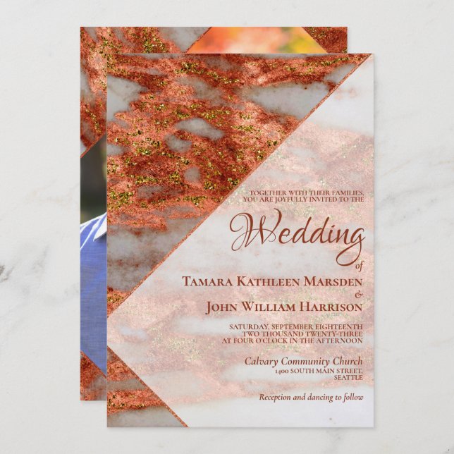 Modern Photo Terracotta Copper Marble Geometric In Invitation (Front/Back)