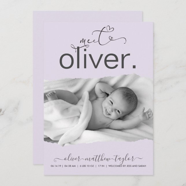 Modern Photo Torn Paper Frame Birth Announcement (Front/Back)