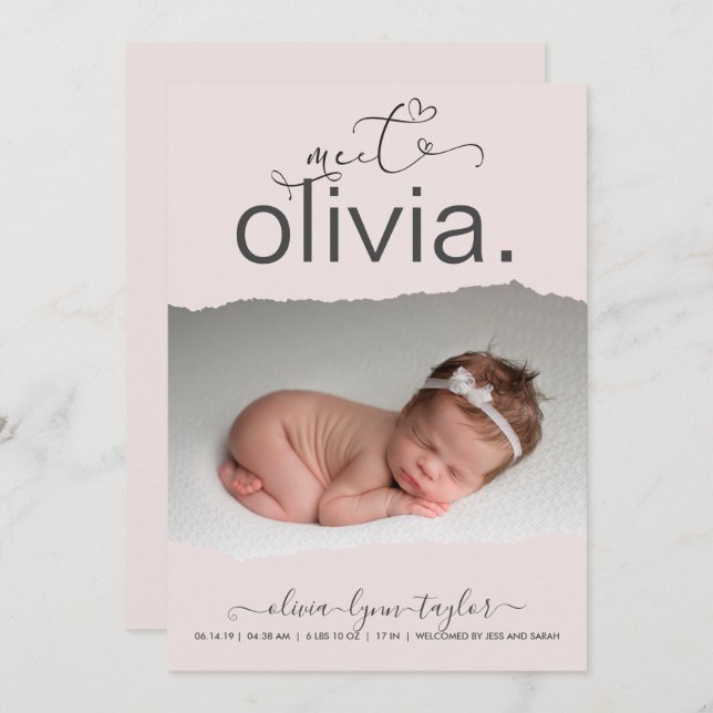 Modern Photo Torn Paper Frame Birth Announcement (Front/Back)