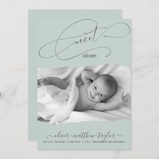 Modern Photo Torn Paper Frame Birth Announcement (Front/Back)