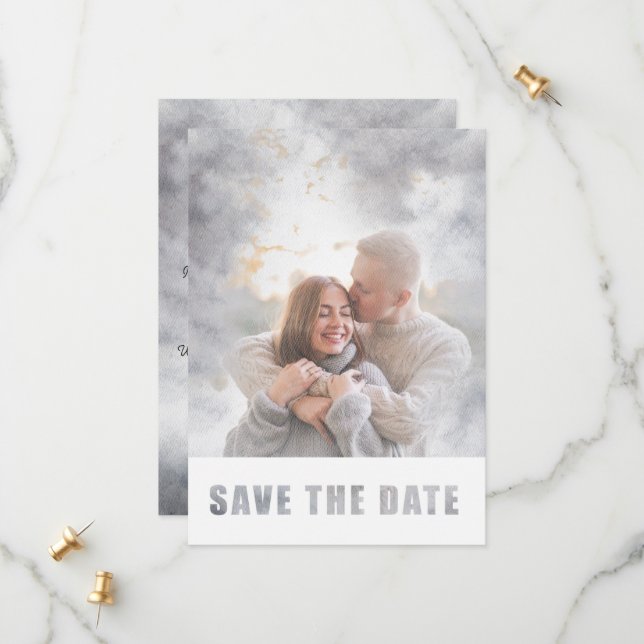 Modern Photo Transparent Text Overlay Wedding Save The Date (Front/Back In Situ)
