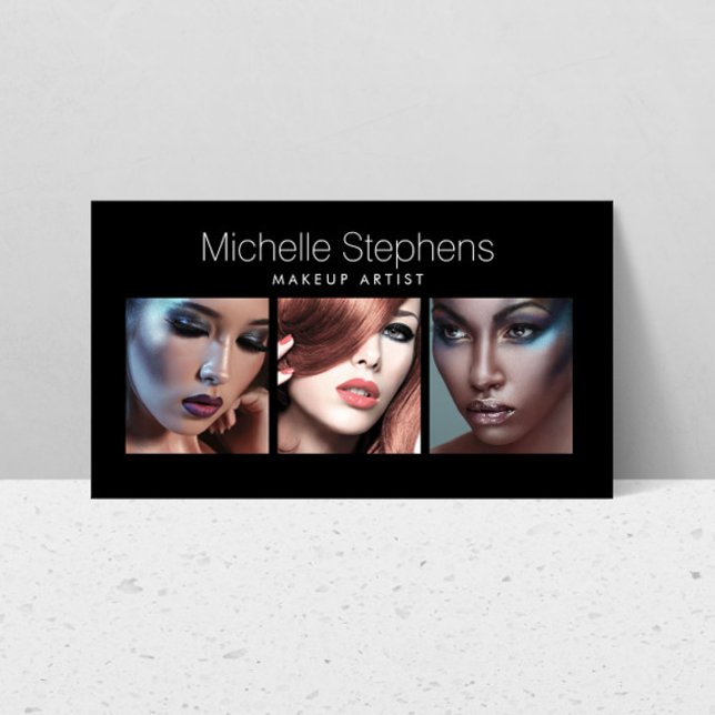 Modern Photo Trio for Makeup Artists Black Business Card (Creator Uploaded)