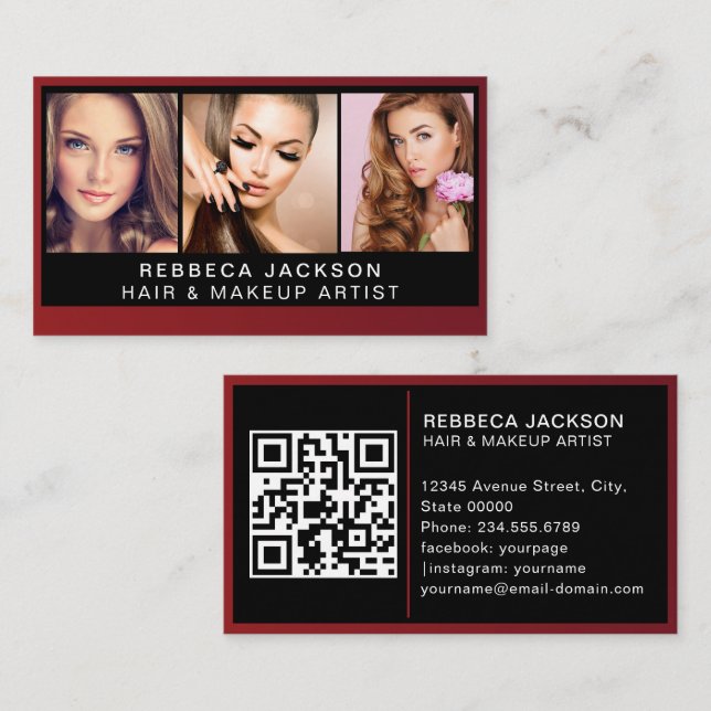 Modern Photo Trio for Makeup Artists Black QR Code Business Card (Front/Back)