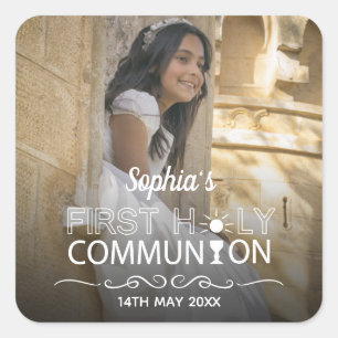 Modern Photo Typography First Holy Communion Square Sticker