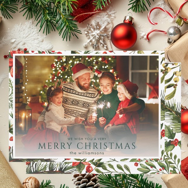 Modern Photo Watercolor Floral Christmas Holiday (Modern Photo Watercolor Floral Christmas Holiday Cards)