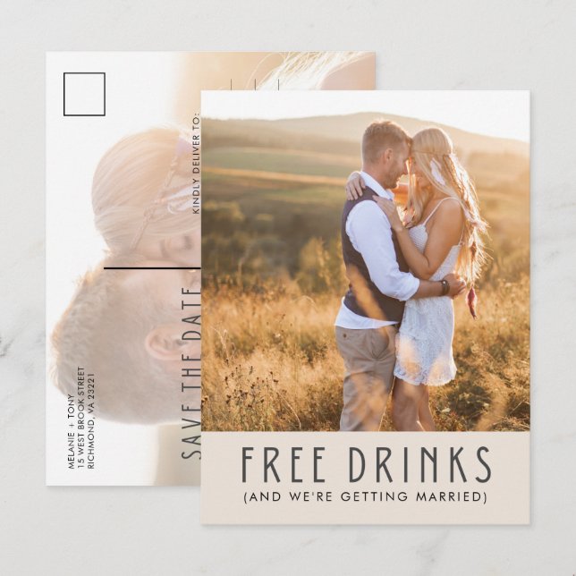 Modern Photo Wedding Free Drinks Save the Date  Announcement Postcard (Front/Back)