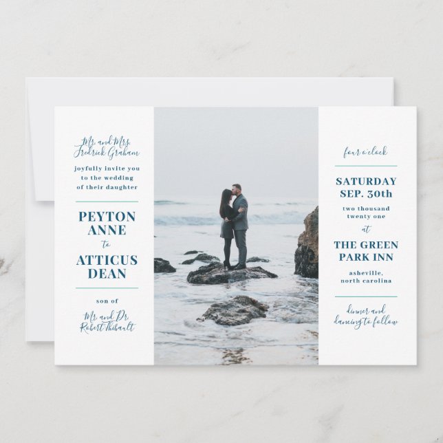 Modern Photo Wedding Invitation in Navy and White (Front)