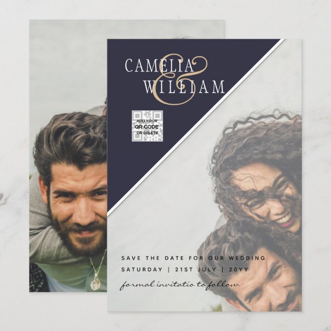 Modern PHOTO Wedding Invite QR CODE RSVP Blue (Front/Back)