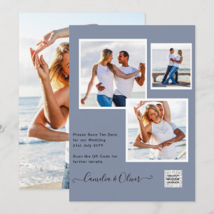Modern PHOTO Wedding Invite QR CODE RSVP Blue