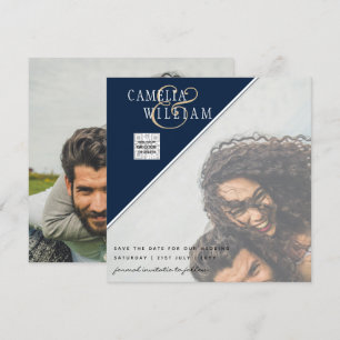 Modern PHOTO Wedding Invite QR CODE RSVP Blue