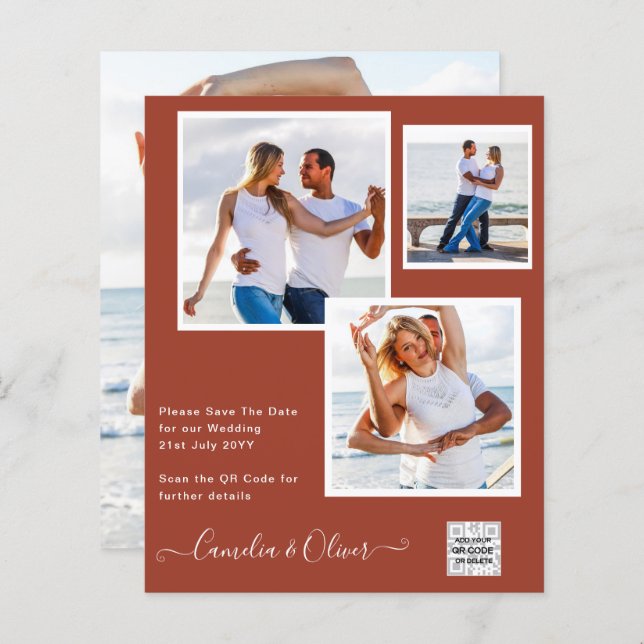 Modern PHOTO Wedding Invite QR CODE RSVP Cinnamon (Front/Back)