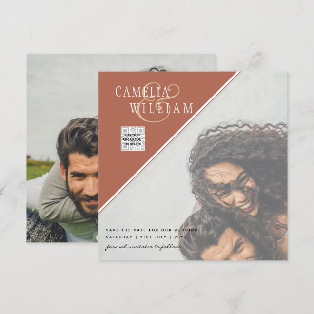 Modern PHOTO Wedding Invite QR CODE RSVP Cinnamon (Front/Back)