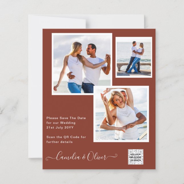 Modern PHOTO Wedding Invite QR CODE RSVP Cinnamon (Front)