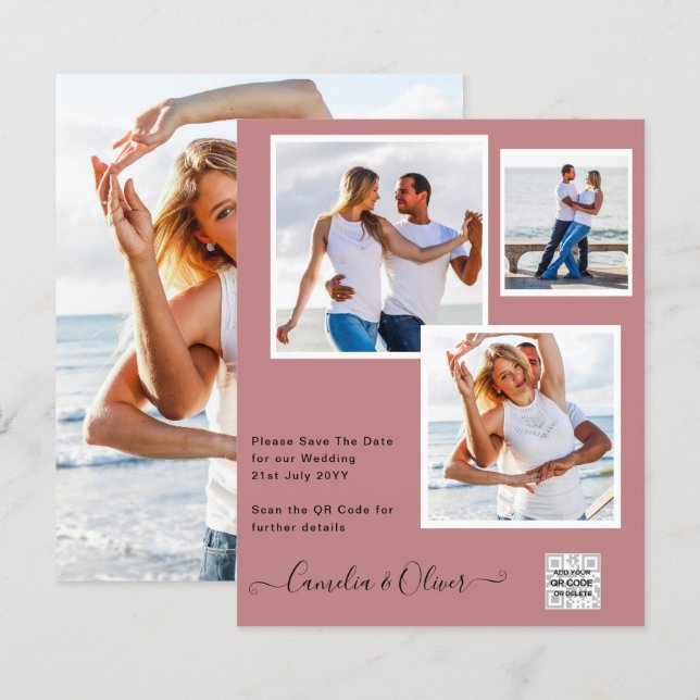 Modern PHOTO Wedding Invite QR CODE RSVP DustyROSE (Front/Back)