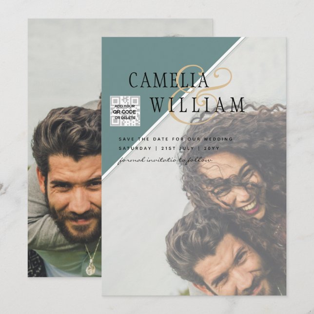 Modern PHOTO Wedding Invite QR CODE Rsvp Green (Front/Back)