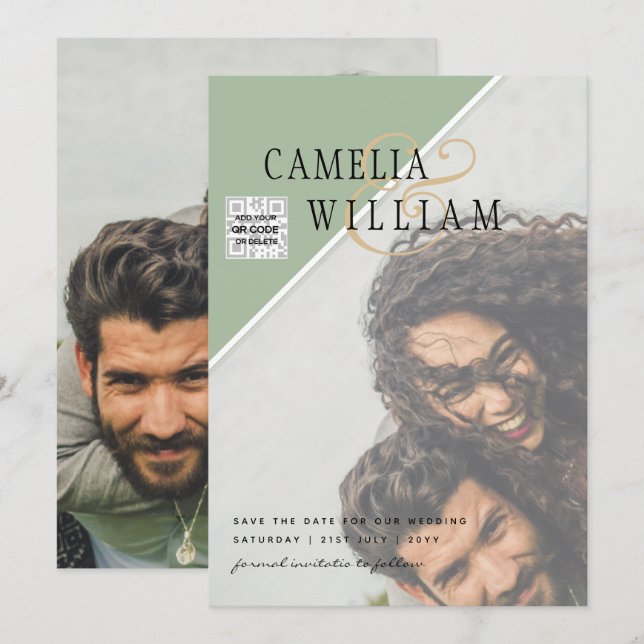 Modern PHOTO Wedding Invite QR CODE Rsvp Green (Front/Back)