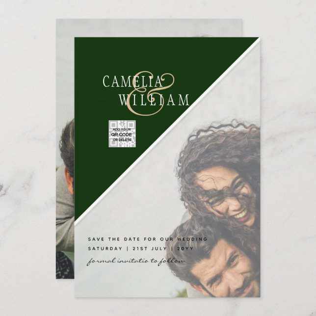 Modern PHOTO Wedding Invite QR CODE Rsvp Green (Front/Back)
