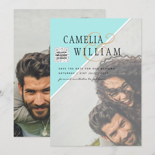 Modern PHOTO Wedding Invite QR CODE RSVP TEAL (Front/Back)