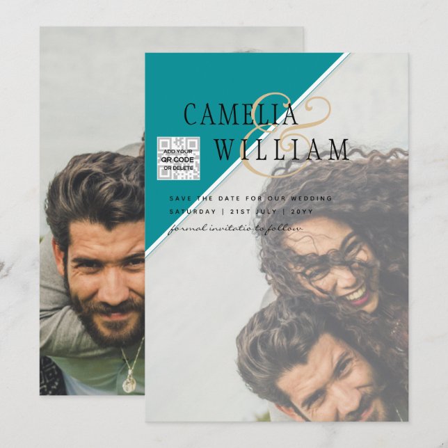 Modern PHOTO Wedding Invite QR CODE RSVP TEAL (Front/Back)