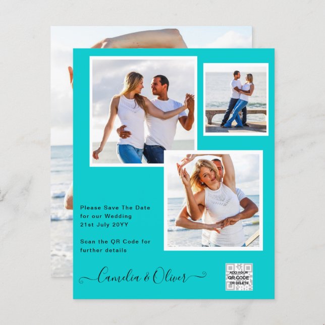 Modern PHOTO Wedding Invite QR CODE RSVP TEAL (Front/Back)