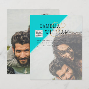 Modern PHOTO Wedding Invite QR CODE RSVP TEAL