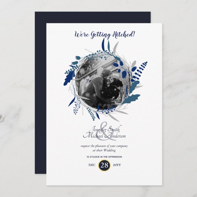 Modern PHOTO Wedding Minimalist Blue Wreath Invitation (Front/Back)