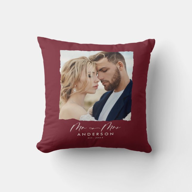 Modern photo wedding personalised Mr and Mrs Cushion (Front)